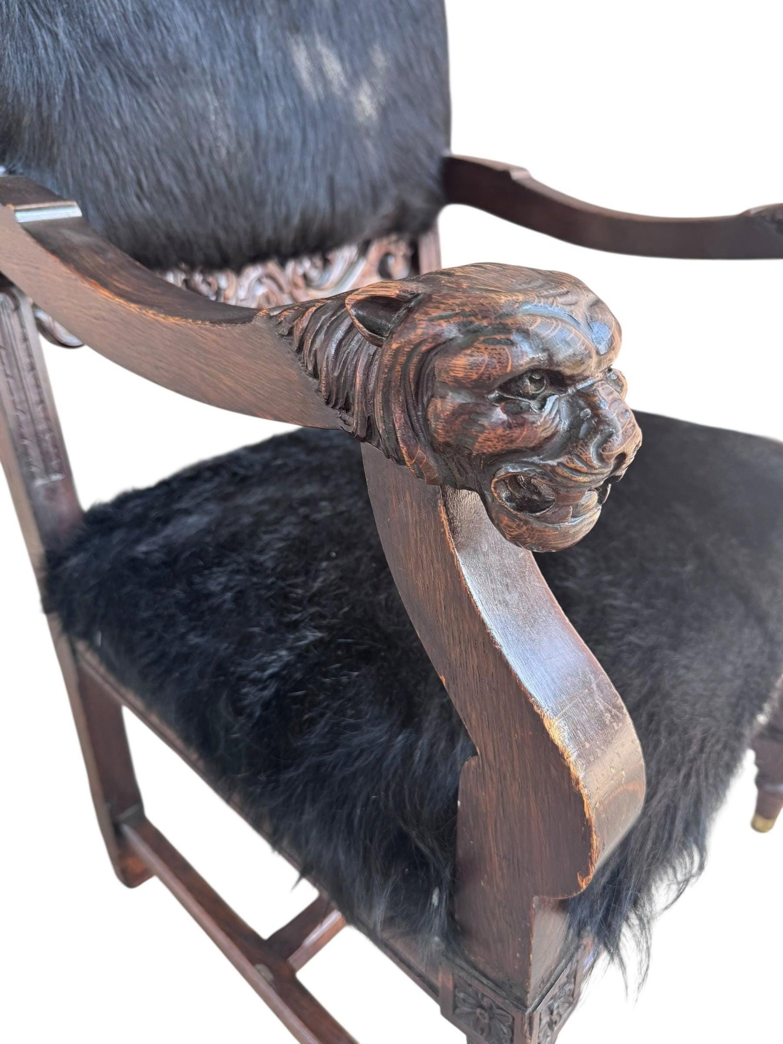 Antique French Carved Hall Chair With Lion Head Arms - 2