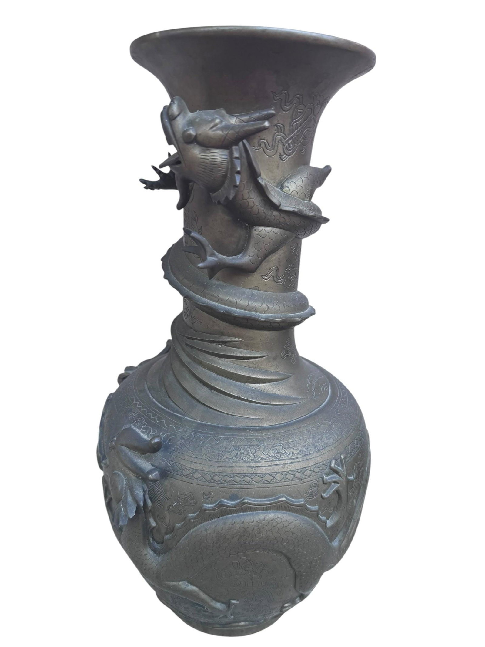 Antique Signed Asian Bronze Dragon Vase - Pair - 3