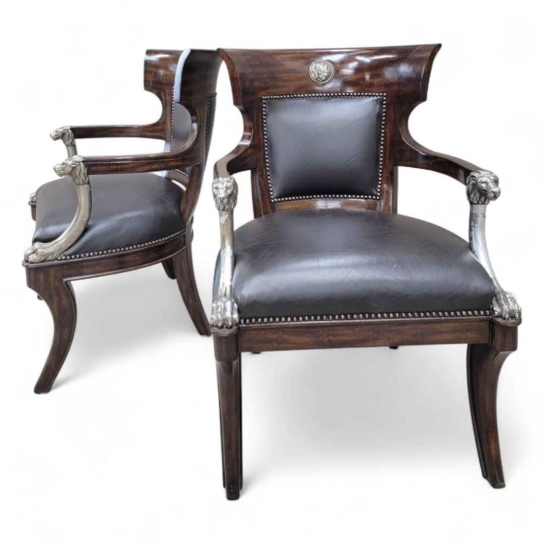 Vintage George IV English Regency Styled Leather Armchairs with Metal Lion Head Arms - 7