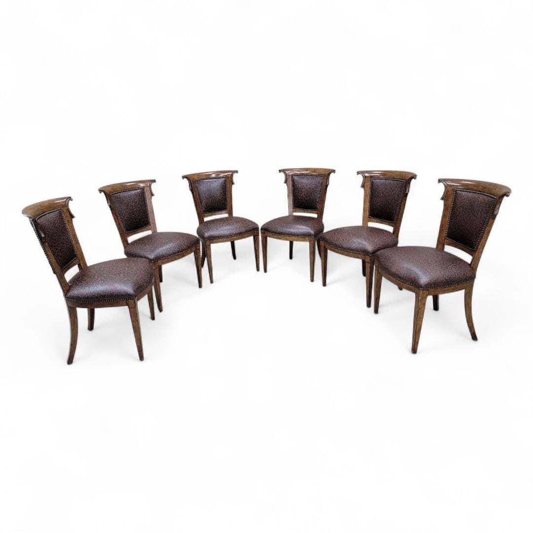 English Regency Styled Ash Wood Leather Upholstered Nail Head Trim Dining Chairs - Set of 8 - 6