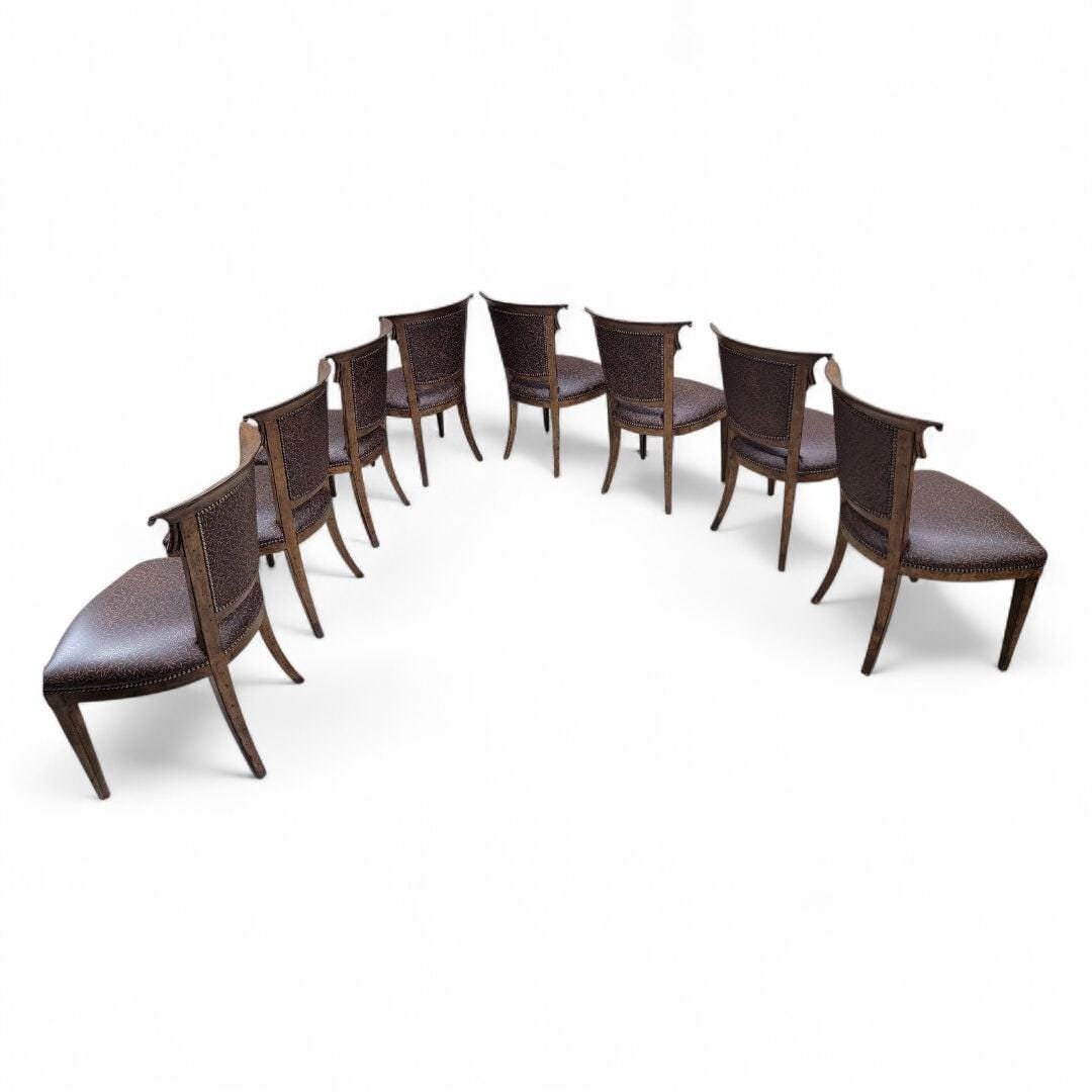 English Regency Styled Ash Wood Leather Upholstered Nail Head Trim Dining Chairs - Set of 8 - 7