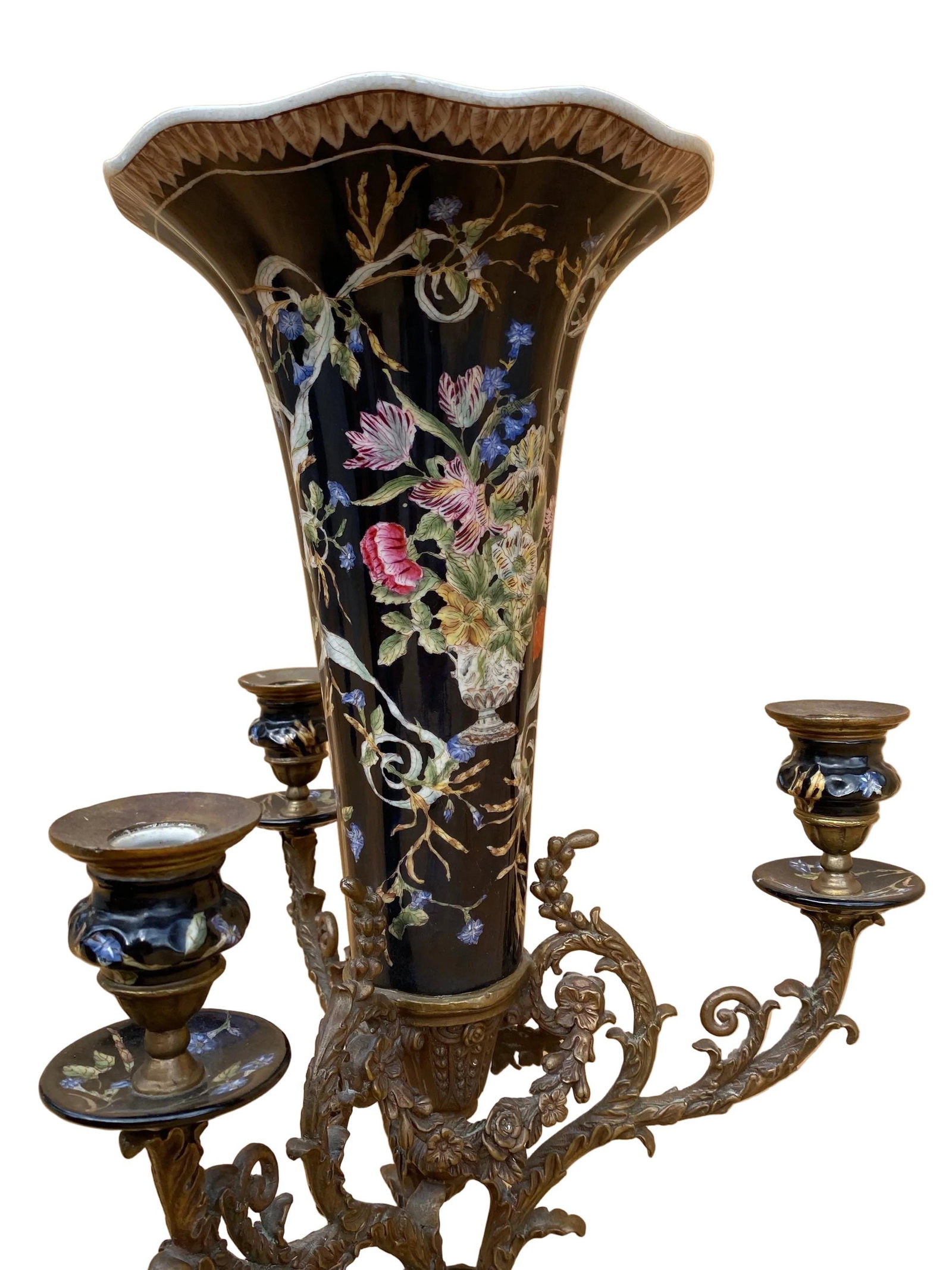 Antique French Porcelain Flower Vase with Brass Candelabra - 5