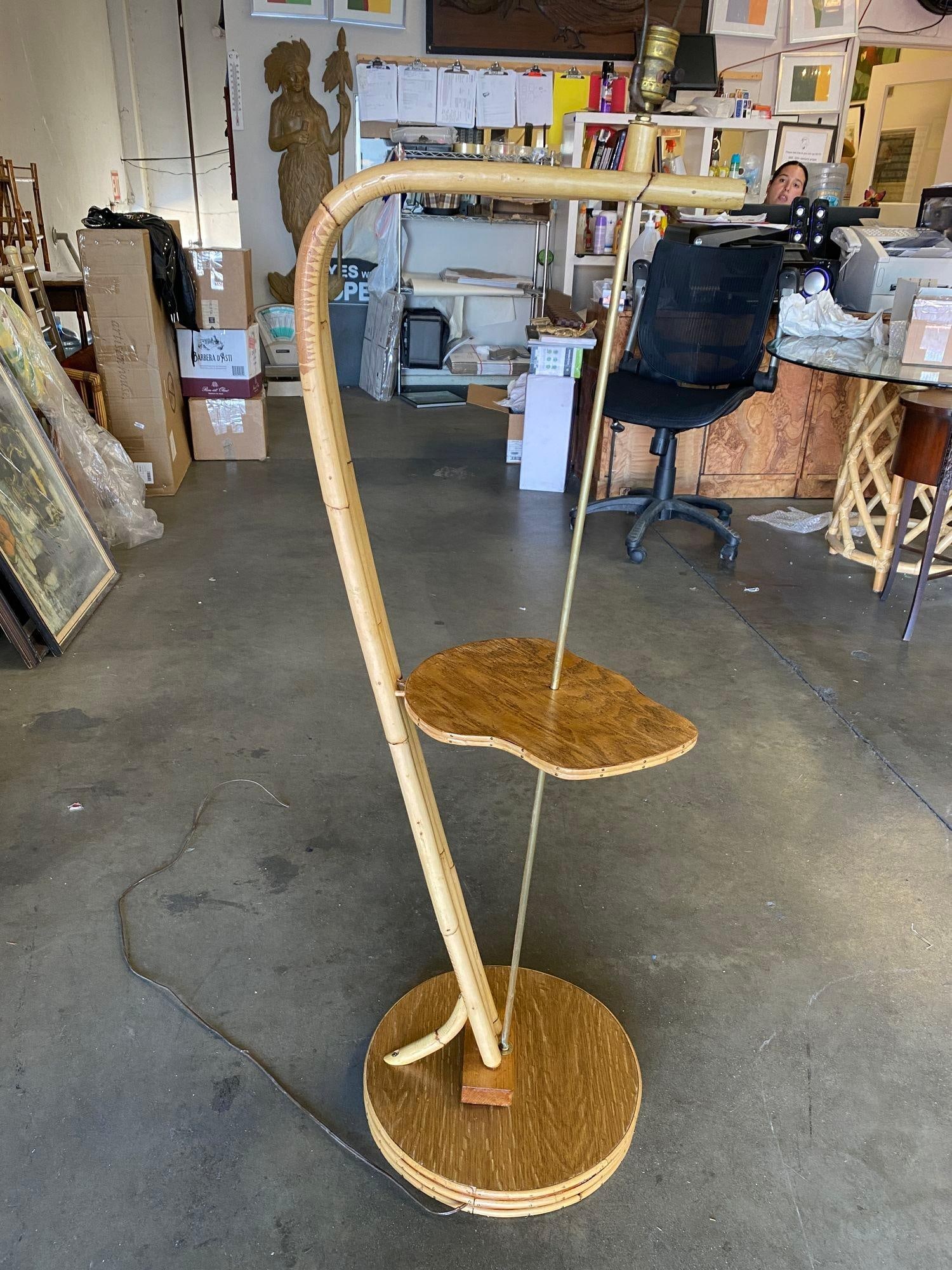 Restored Googie Asymmetric Pole Floor Lamp w/ Side Table & Fiberglass Shade - 20