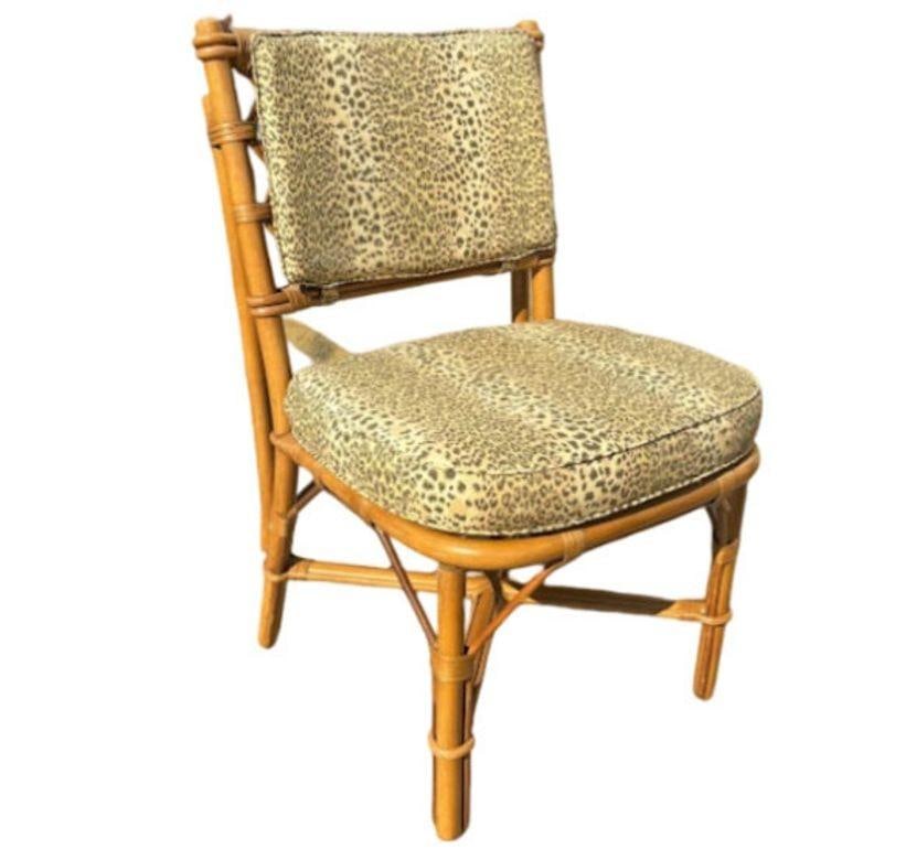 Restored Mid-century Rattan Dining Table & Chairs w/ Leopard Print Cushions - 8