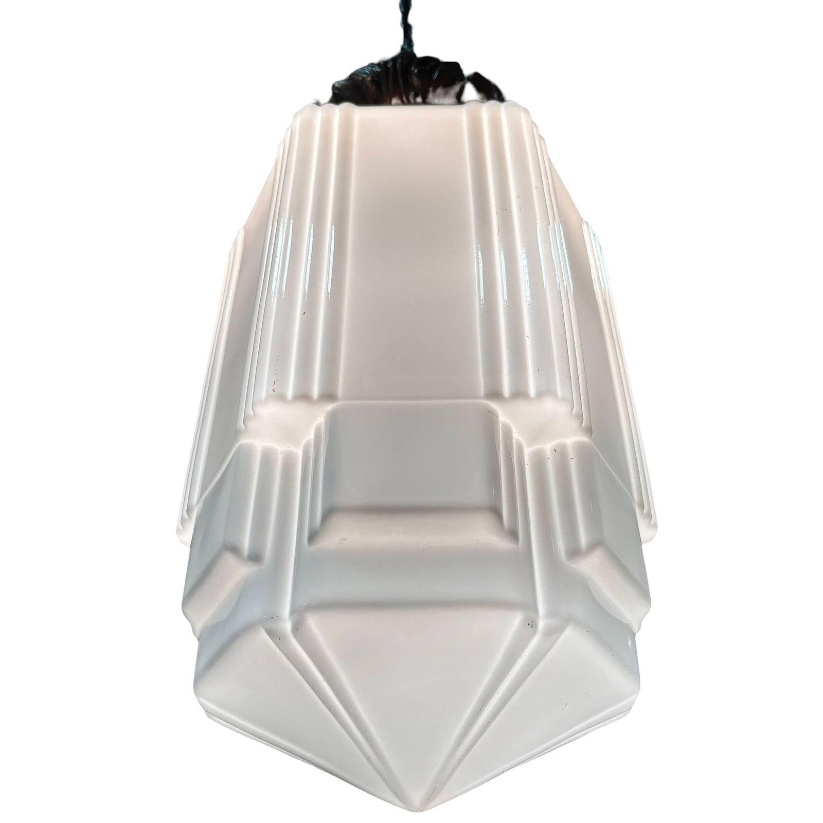 Art Deco Copper Acanthus Leaf Pendant Light w/ Skyscraper Milk Glass Shade - 9