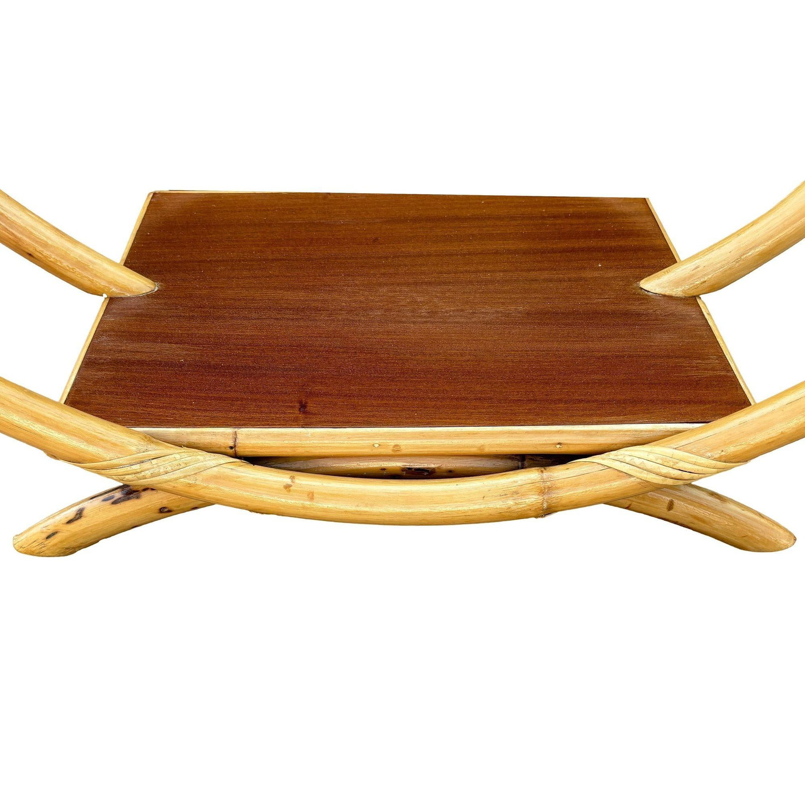 Restored Rattan Boat Shaped Coffee Table with Mahogany Shelf - 10
