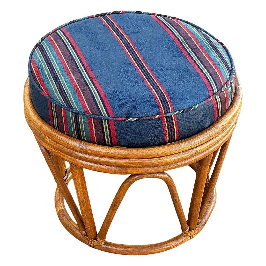 Restored Rattan Footstool with Striped Jacquard Navy Cushion - 17