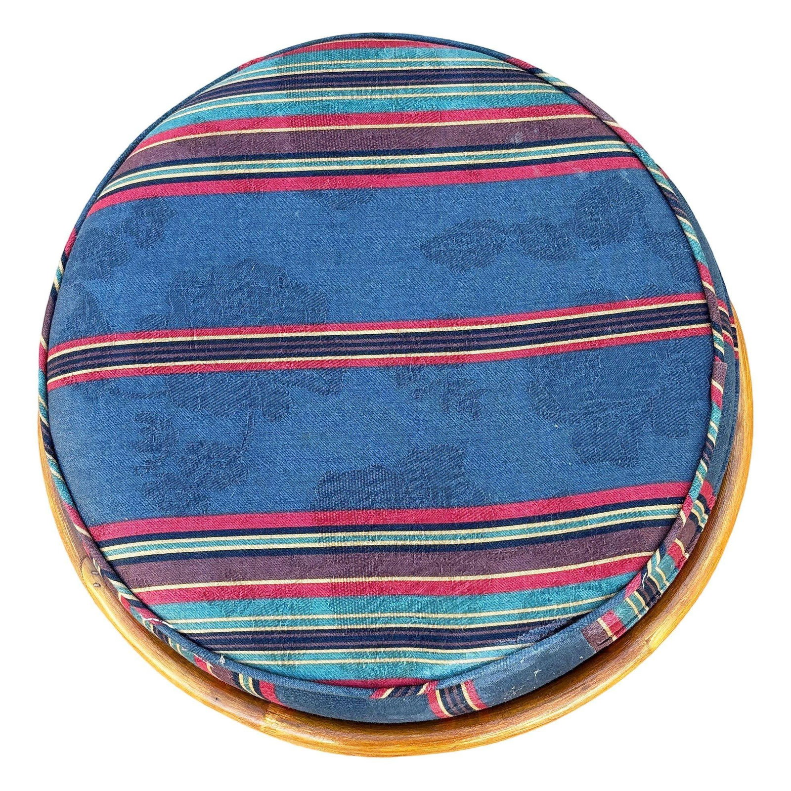 Restored Rattan Footstool with Striped Jacquard Navy Cushion - 2