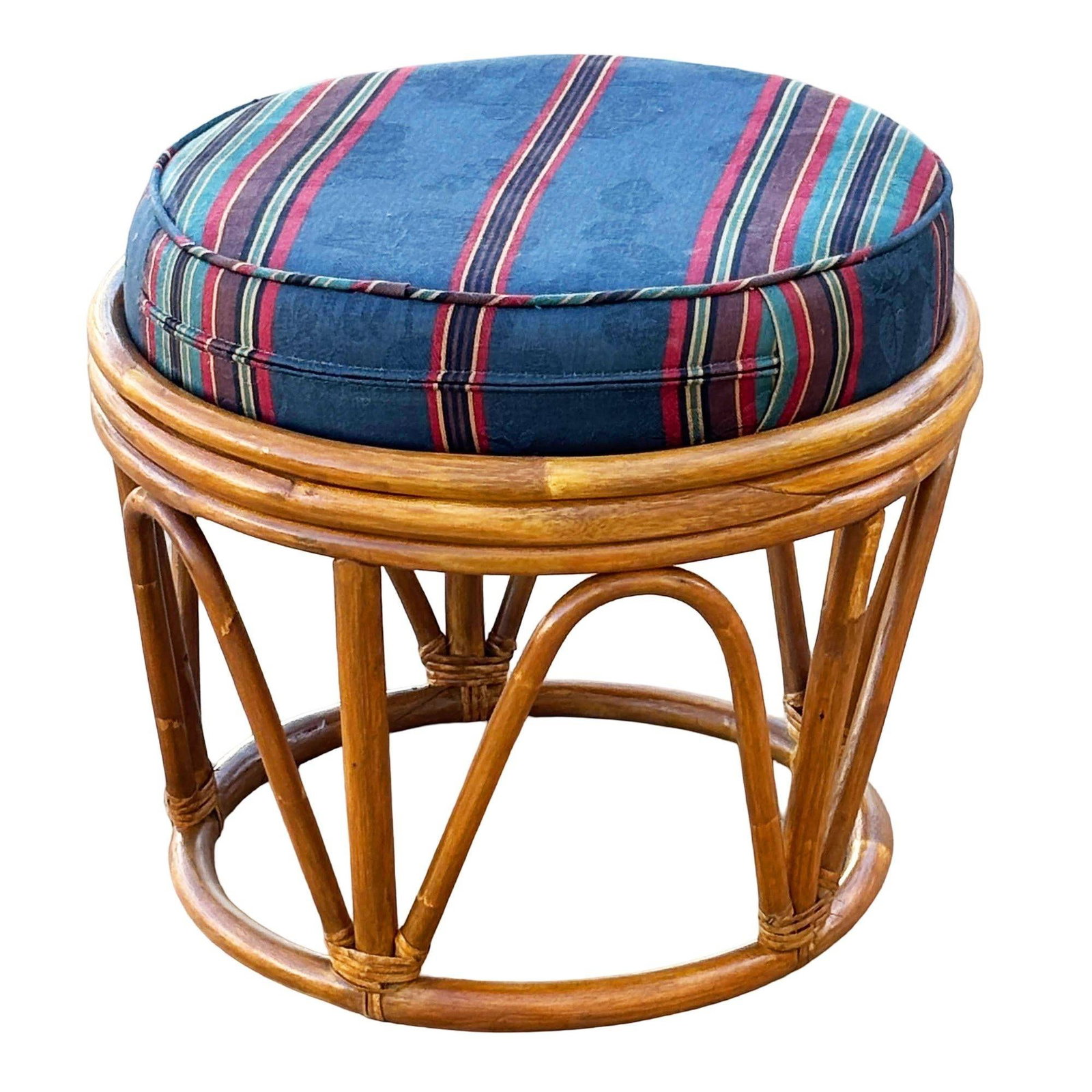 Restored Rattan Footstool with Striped Jacquard Navy Cushion - 3