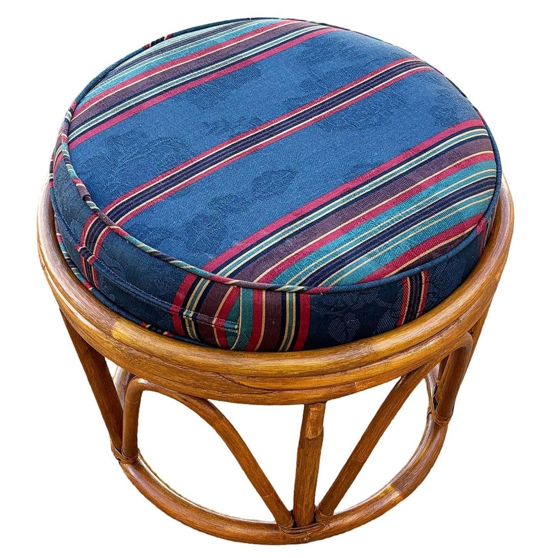 Restored Rattan Footstool with Striped Jacquard Navy Cushion - 4