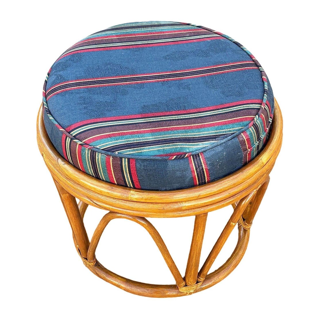 Restored Rattan Footstool with Striped Jacquard Navy Cushion - 6