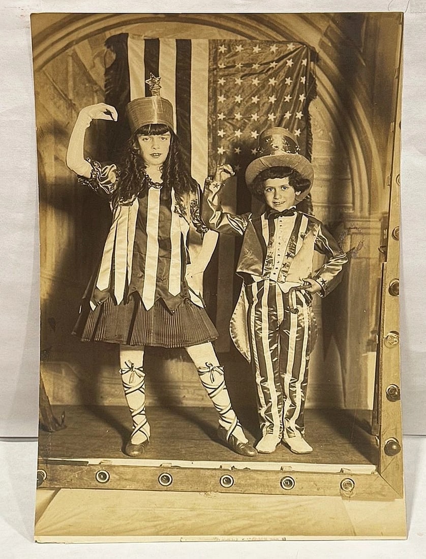 Patriotic Photo Children Uncle Sam & Lady Liberty Preforming Flag Stage 1910 - 2
