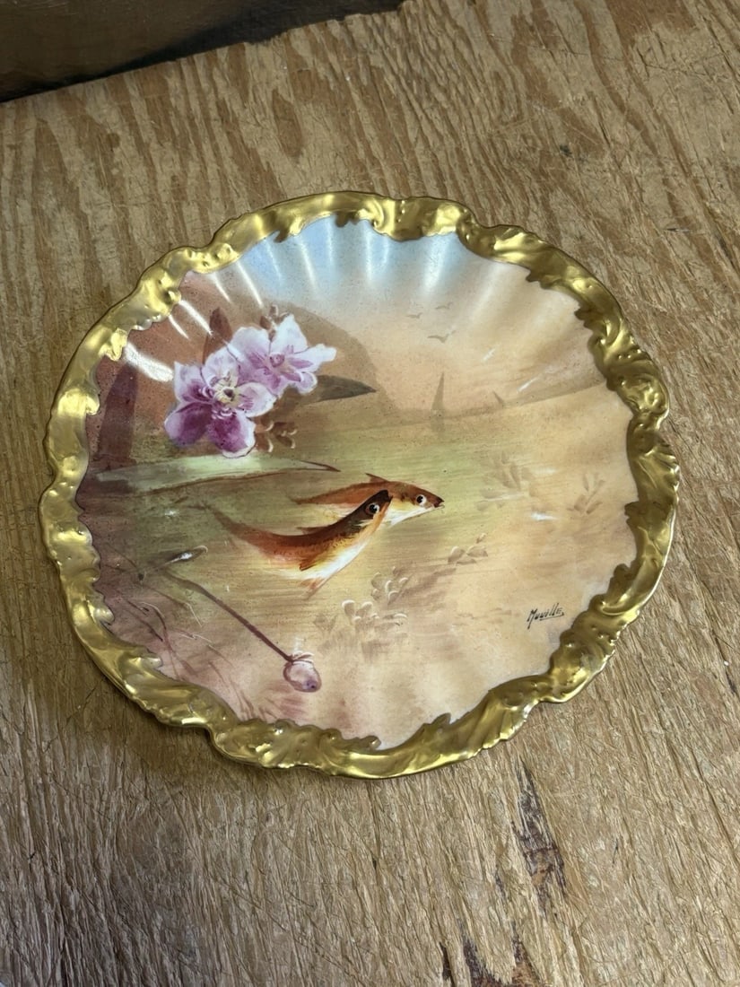11 Pc Limoges Artist Signed Fish Set - 11