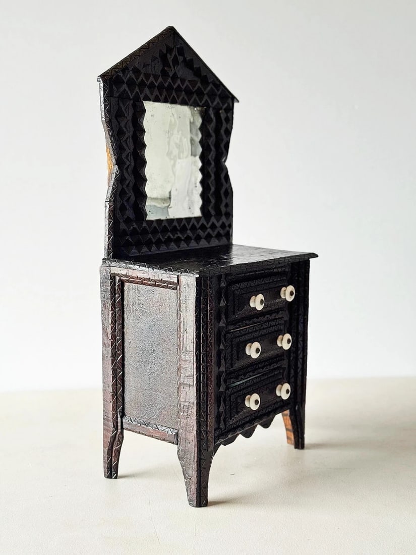 Tramp Art Miniature Chest w Mirror 3 Drawers American Folk Art 1890 - 1920 - 2