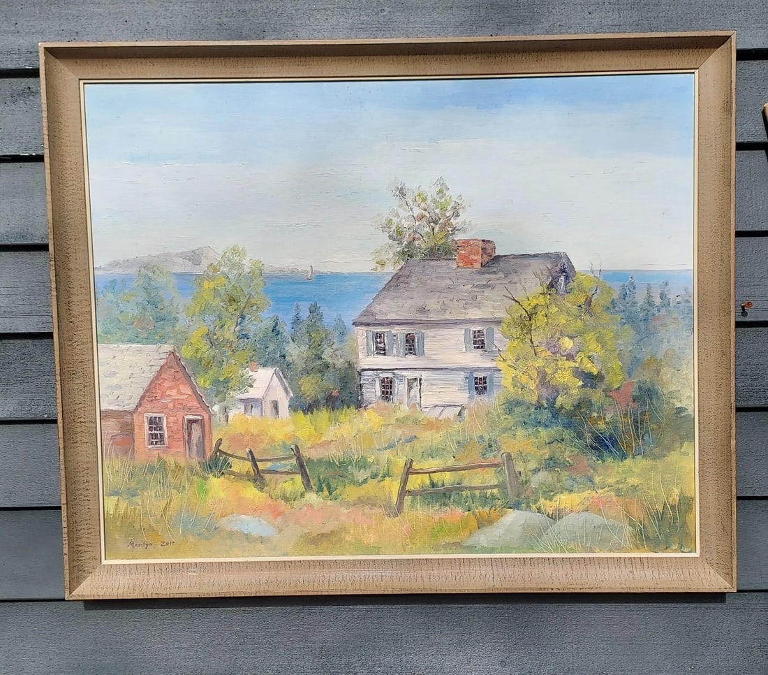 Shoreline View Boothbay Harbor Maine 1973 Listed Artist Marilynn Zelt: Great looking piece in excellent condition. Purchased in Maine. Boothbay framing company. Assuming this is a Maine painting of Shoreline. Great colors. Measures approximately 30 x 24" without frame. S
