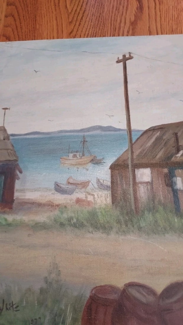 Harbor scene modern oil Painting Barn Signed 16 x 20 Isabel White(1924-1994) - 3