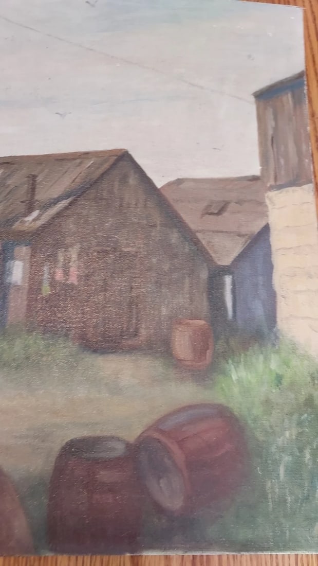 Harbor scene modern oil Painting Barn Signed 16 x 20 Isabel White(1924-1994) - 4