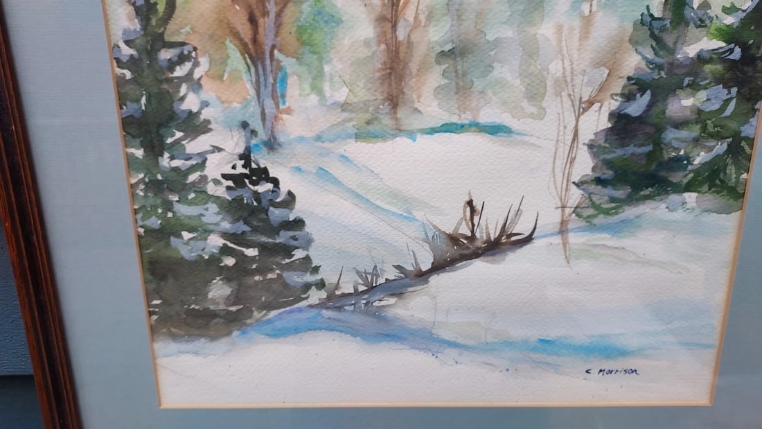 Watercolor Painting Adirondack Landscape Snow Scene C Morrison - 2