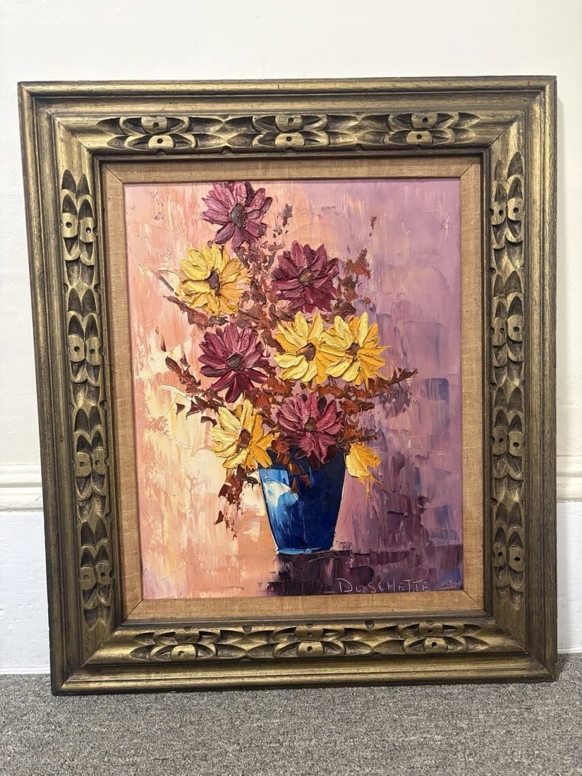 Douchette Oil On Canvas Still Life Painting: The frame measures 28” x 24” and the canvas measures 20” x 16”. It is artist signed in the bottom right hand corner. It is in good condition and is being sold as is Shipping: D