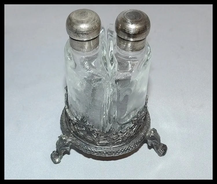 Antique French Double Perfume Bottles with Pewter Stand - 10