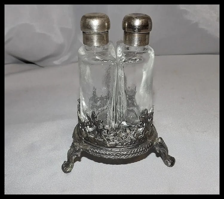 Antique French Double Perfume Bottles with Pewter Stand - 2