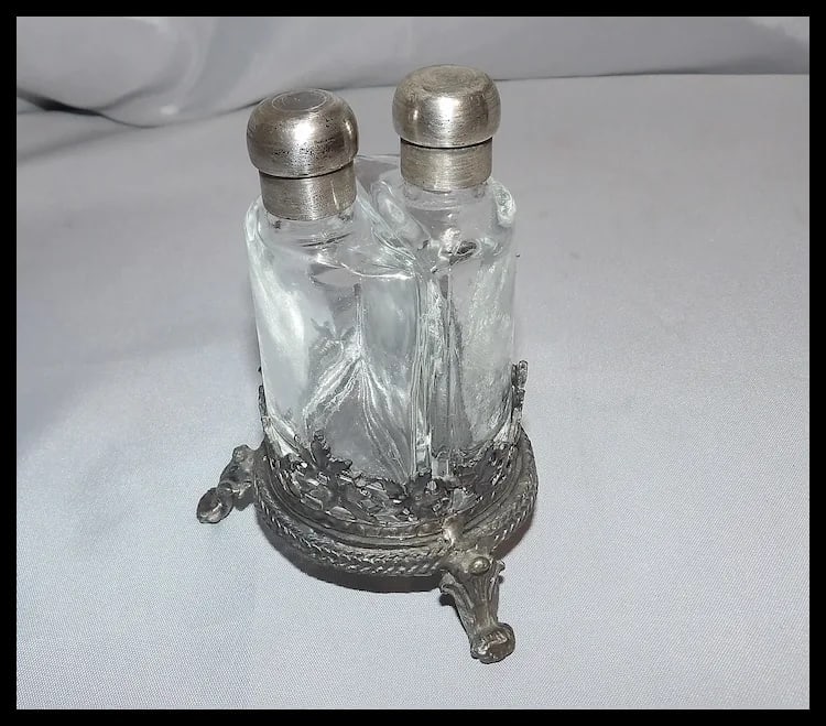 Antique French Double Perfume Bottles with Pewter Stand - 3