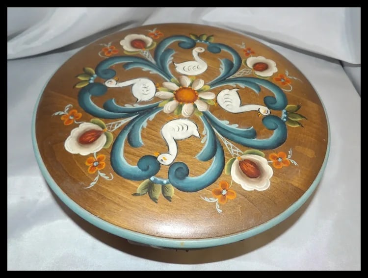 Folk Art Basket with Ducks and Flowers- Solid Wood Lid - 3