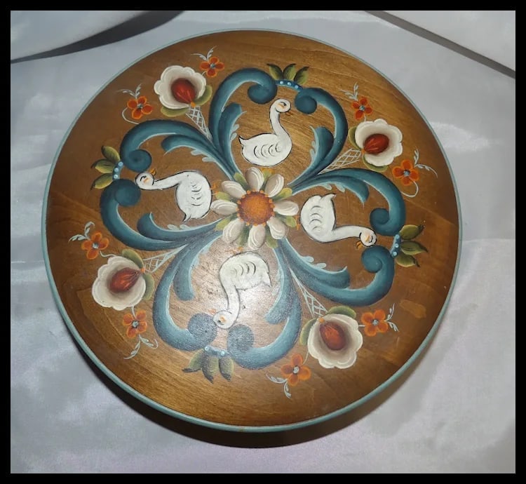 Folk Art Basket with Ducks and Flowers- Solid Wood Lid - 4