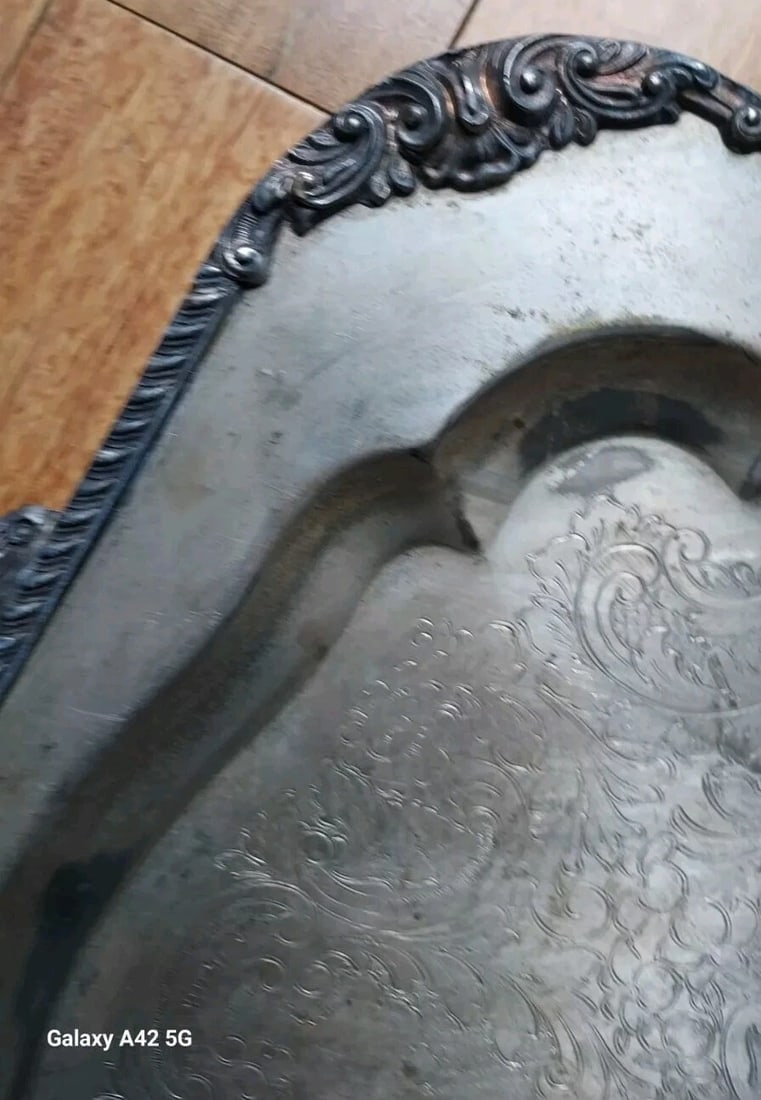 Antique silver plate on copper hallmarks butler server tray 9lbs 29" - 5