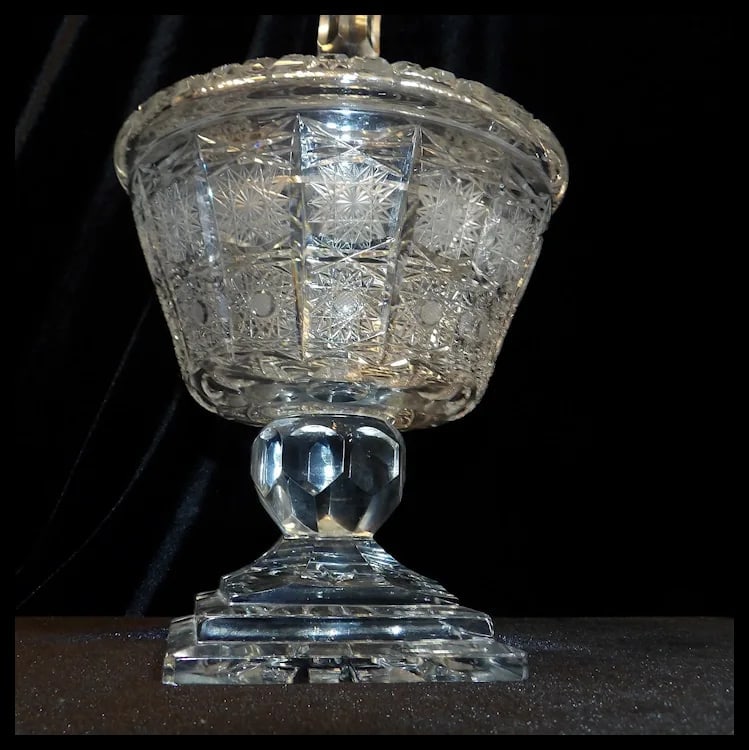 RARE Bohemian Queen Lace Hand Cut Crystal Lidded Candy Dish - 6