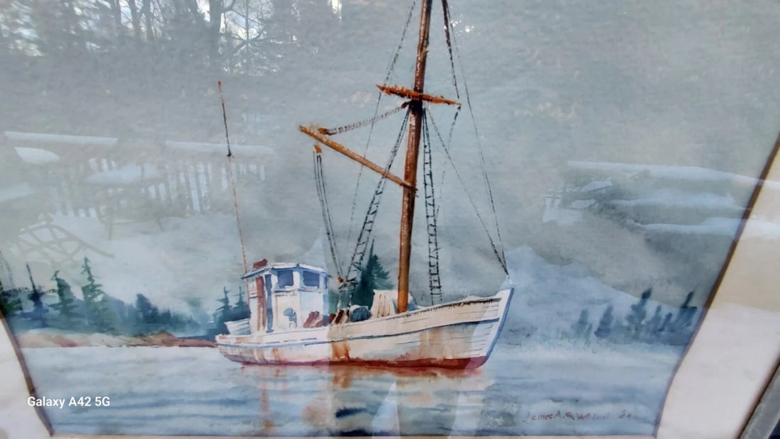 Watercolor lobster boat Maine new England sign James A. Walker 1964 - 2