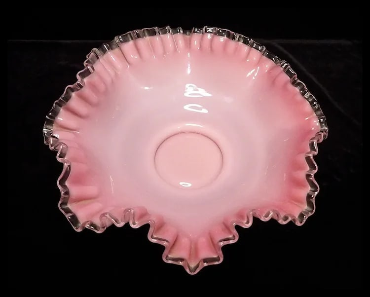 Fenton Peach Blow Silver Crest 11” Brides Bowl Ruffled Pink Basket 1940s - 10
