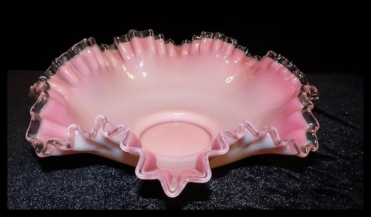 Fenton Peach Blow Silver Crest 11” Brides Bowl Ruffled Pink Basket 1940s - 4