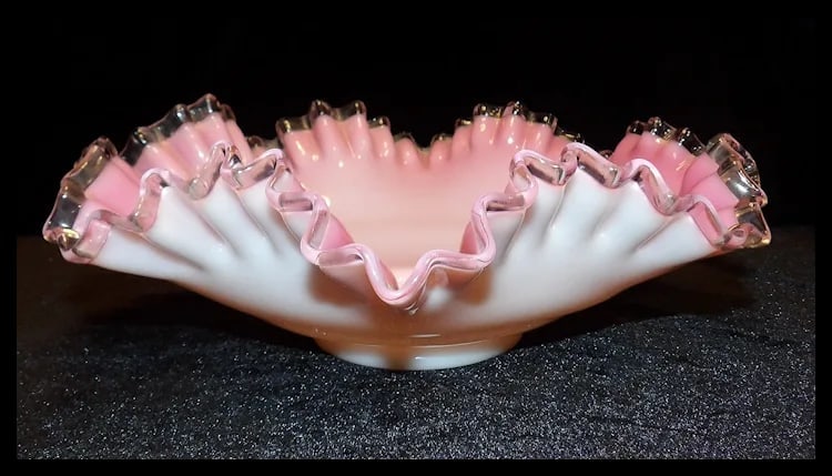 Fenton Peach Blow Silver Crest 11” Brides Bowl Ruffled Pink Basket 1940s - 7