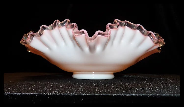 Fenton Peach Blow Silver Crest 11” Brides Bowl Ruffled Pink Basket 1940s - 8