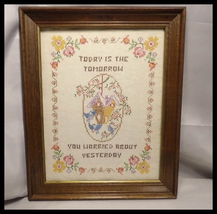 Cross Stitch Sampler with Embroidered Blue Birds - 2