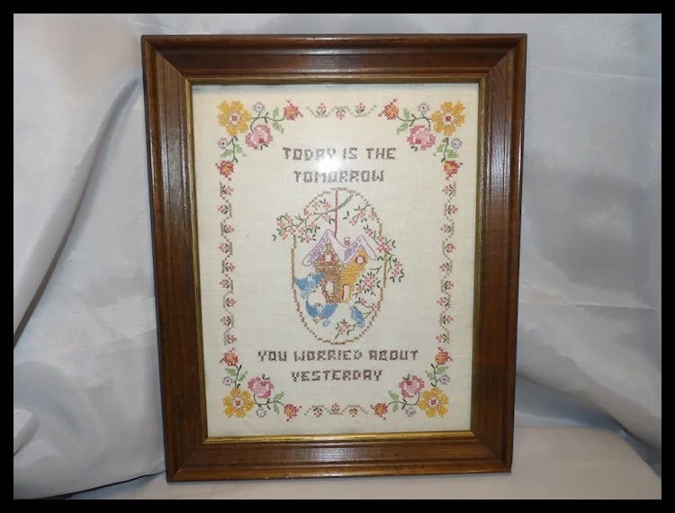 Cross Stitch Sampler with Embroidered Blue Birds - 5