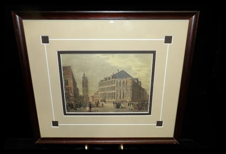 Antique Colored Lithograph- - Ghent’s Gothic City Hall – Belfort Tower Belgium -1860 - 2