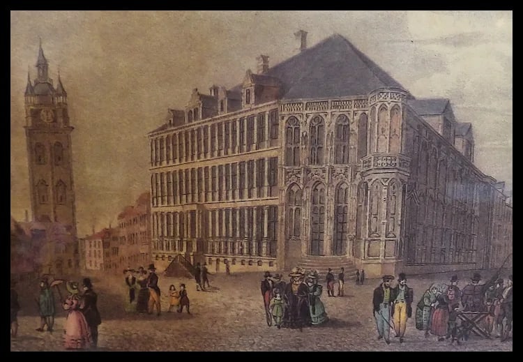 Antique Colored Lithograph- - Ghent’s Gothic City Hall – Belfort Tower Belgium -1860 - 4