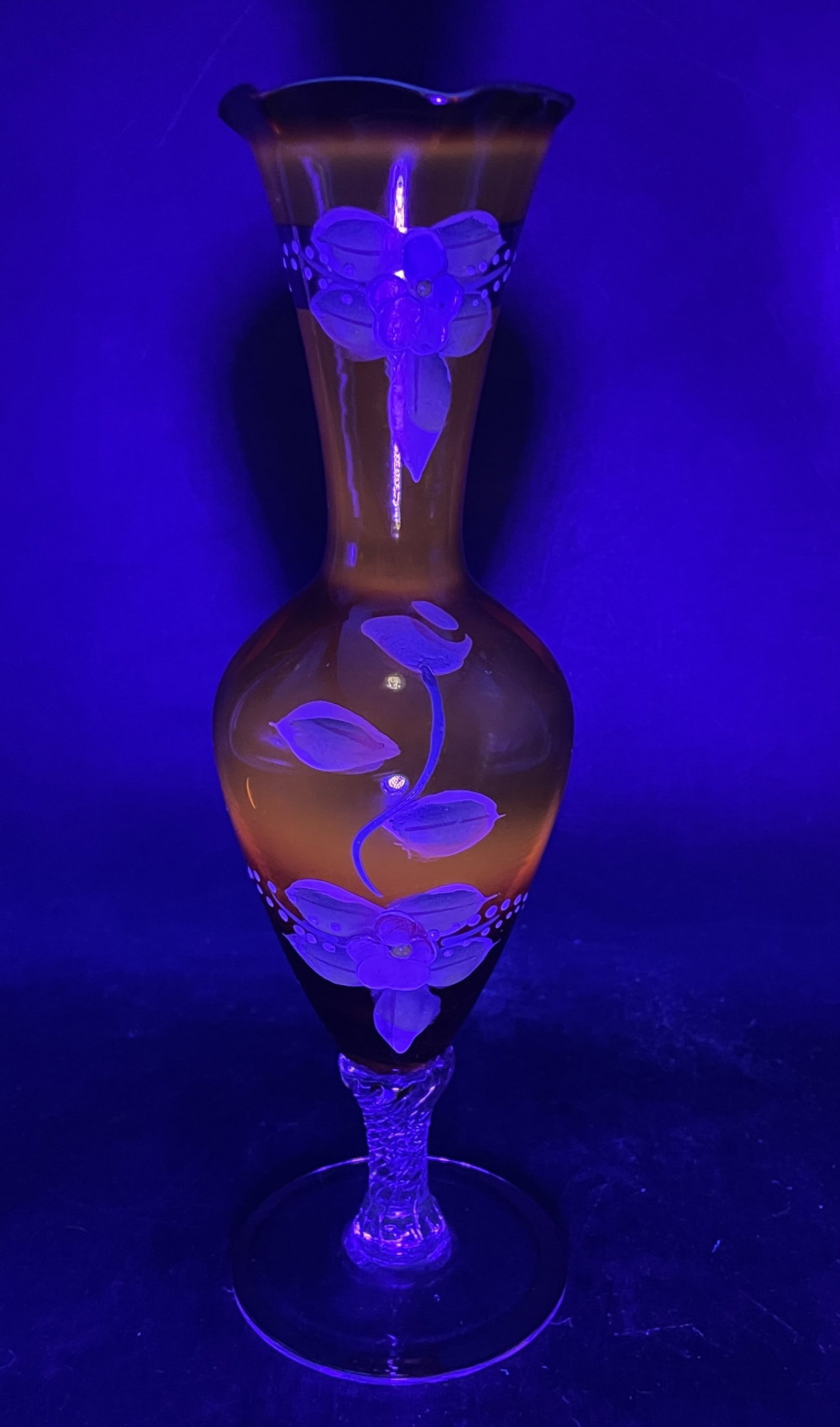 Vintage Czech Bohemian Amber Glass Hand Painted Floral & Gold Bud Vase Beautiful - 2