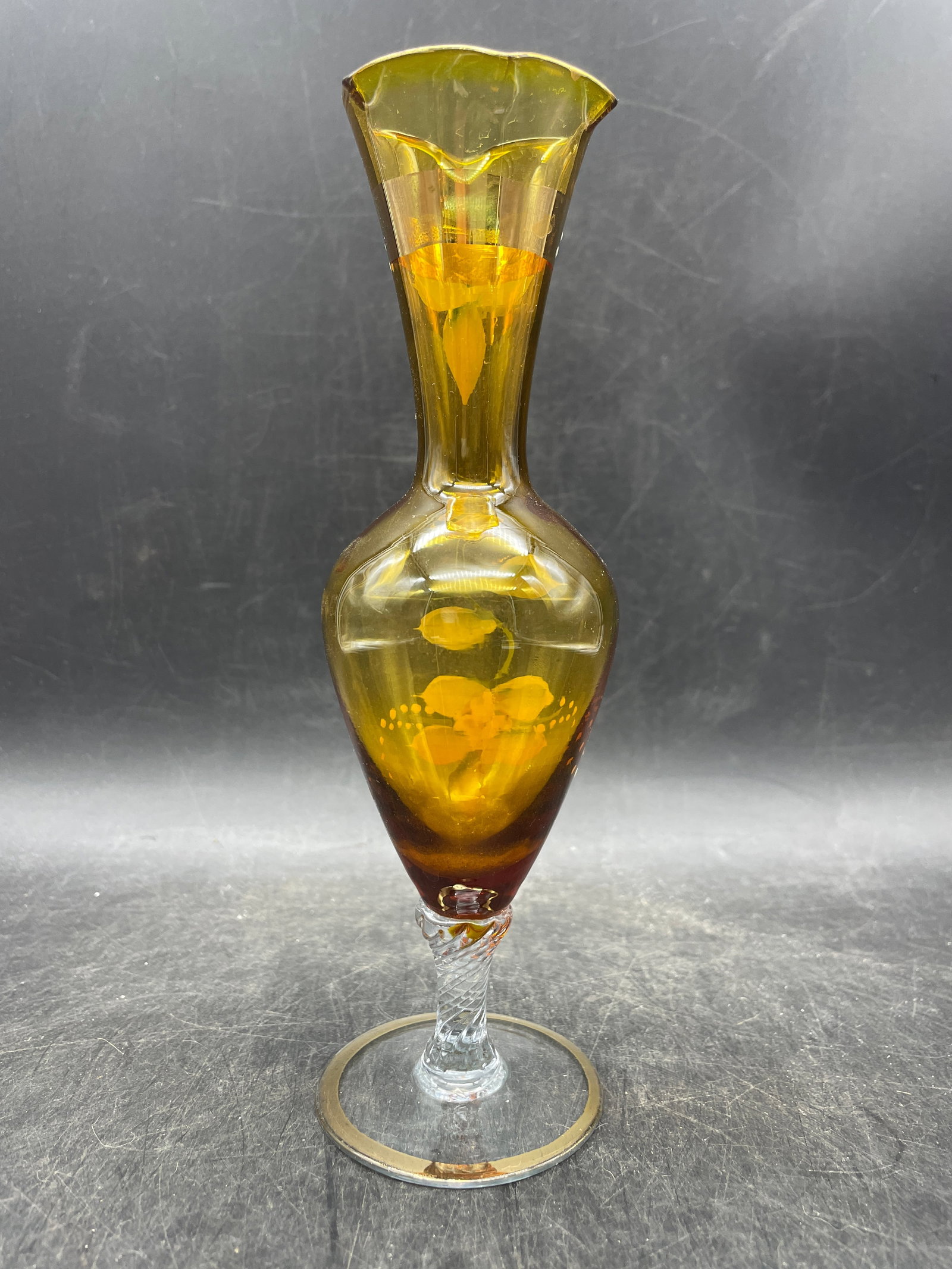 Vintage Czech Bohemian Amber Glass Hand Painted Floral & Gold Bud Vase Beautiful - 5