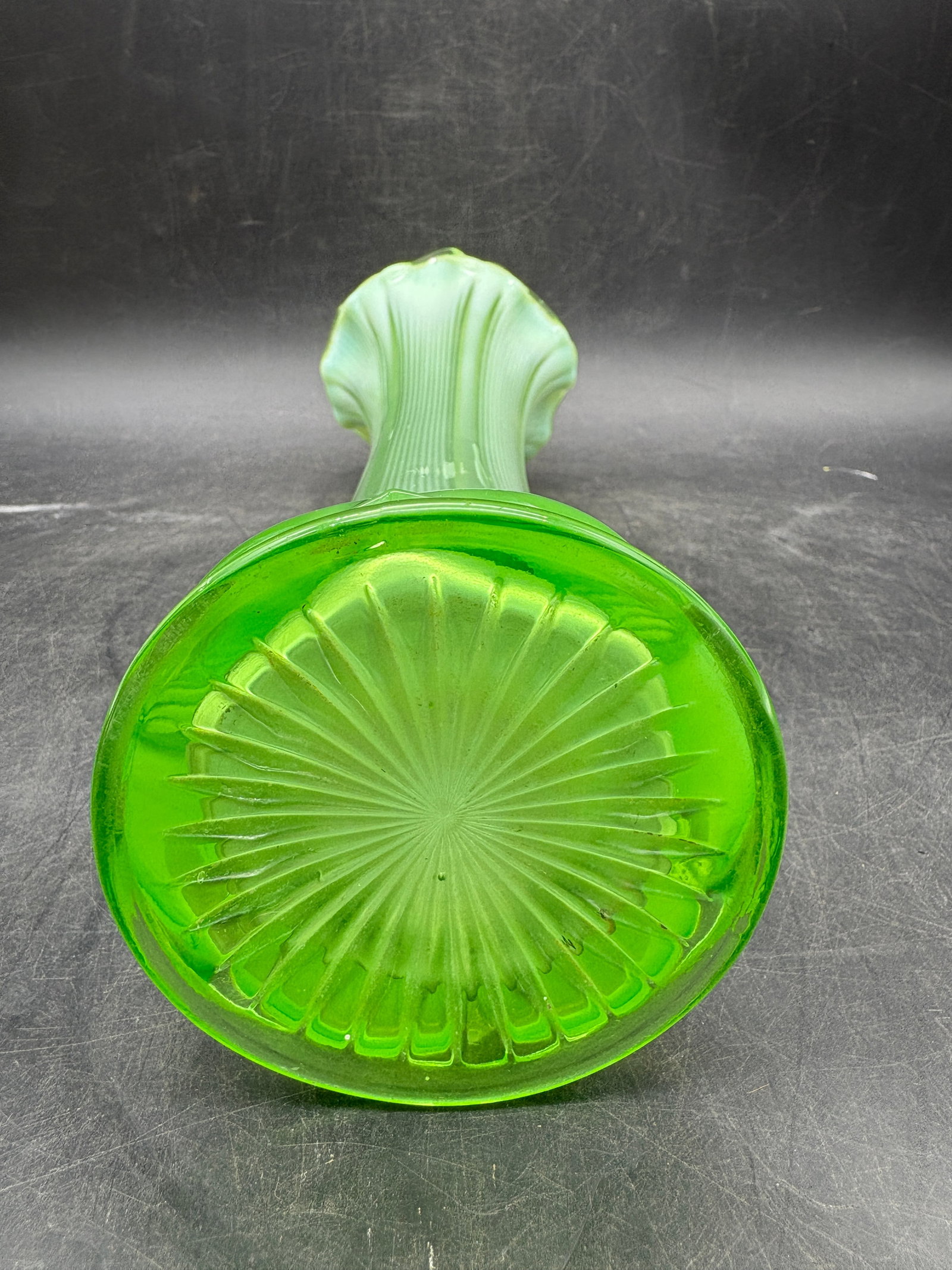NORTHWOOD GREEN OPALESCENT THIN TICK RIB GREEN SWUNG VASE 12"" ANTIQUE - 5