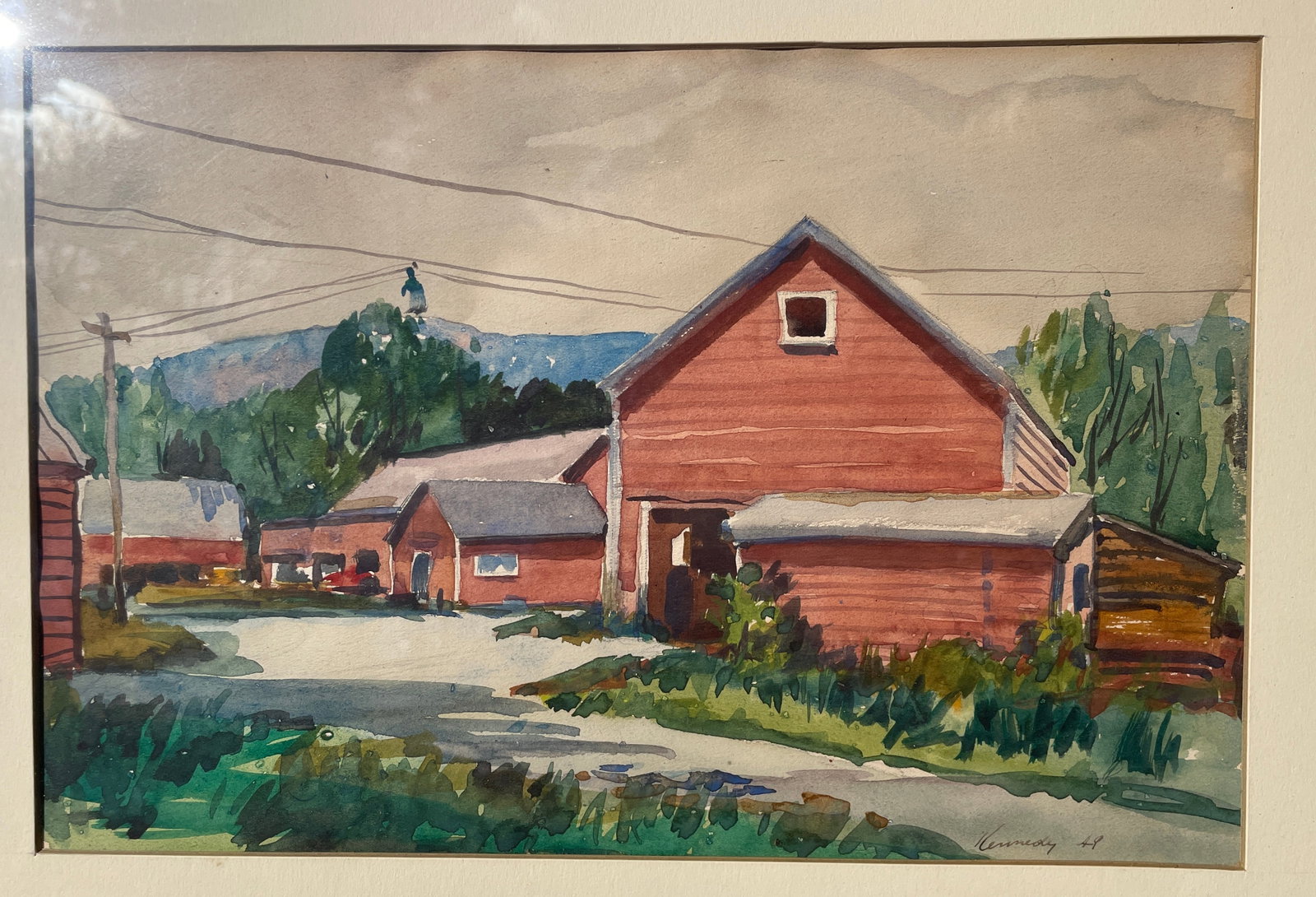 1949 Signed Watercolor Painting Red Barn Farm Scene - 2