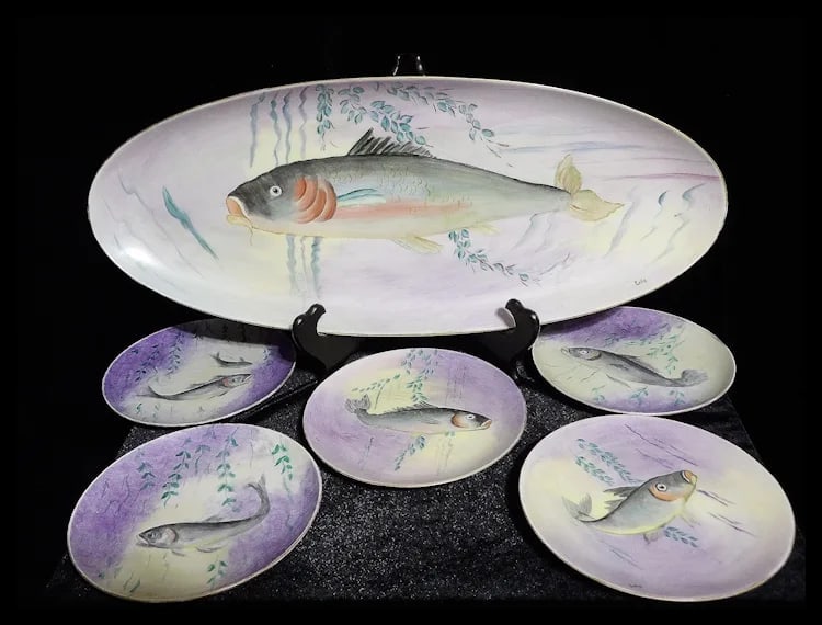 Vintage Hutschenreuther Selb Bavaria Germany Hand Painted Fish Platter & Plates Signed - 14