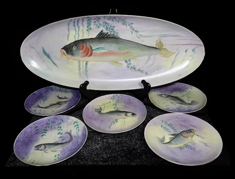 Vintage Hutschenreuther Selb Bavaria Germany Hand Painted Fish Platter & Plates Signed - 2