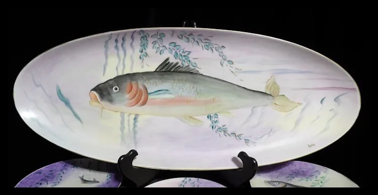 Vintage Hutschenreuther Selb Bavaria Germany Hand Painted Fish Platter & Plates Signed - 3