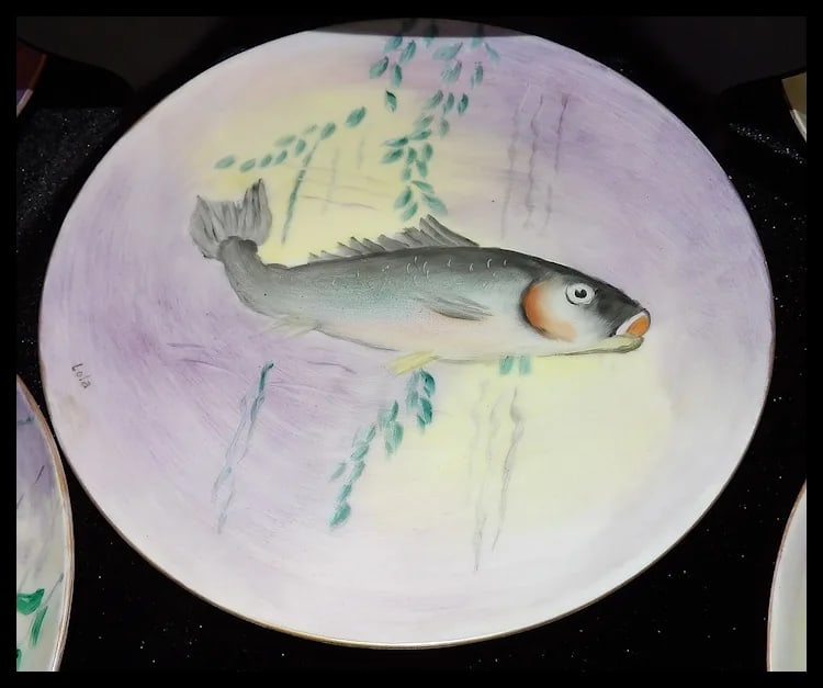 Vintage Hutschenreuther Selb Bavaria Germany Hand Painted Fish Platter & Plates Signed - 4