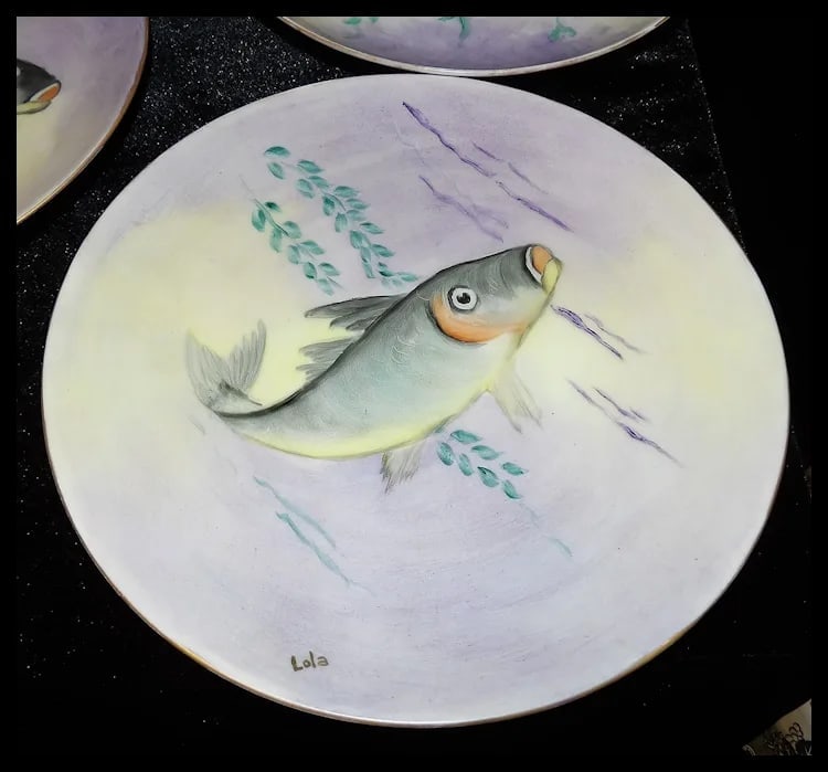Vintage Hutschenreuther Selb Bavaria Germany Hand Painted Fish Platter & Plates Signed - 5