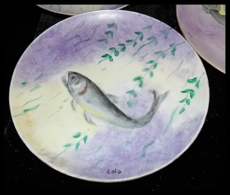 Vintage Hutschenreuther Selb Bavaria Germany Hand Painted Fish Platter & Plates Signed - 7