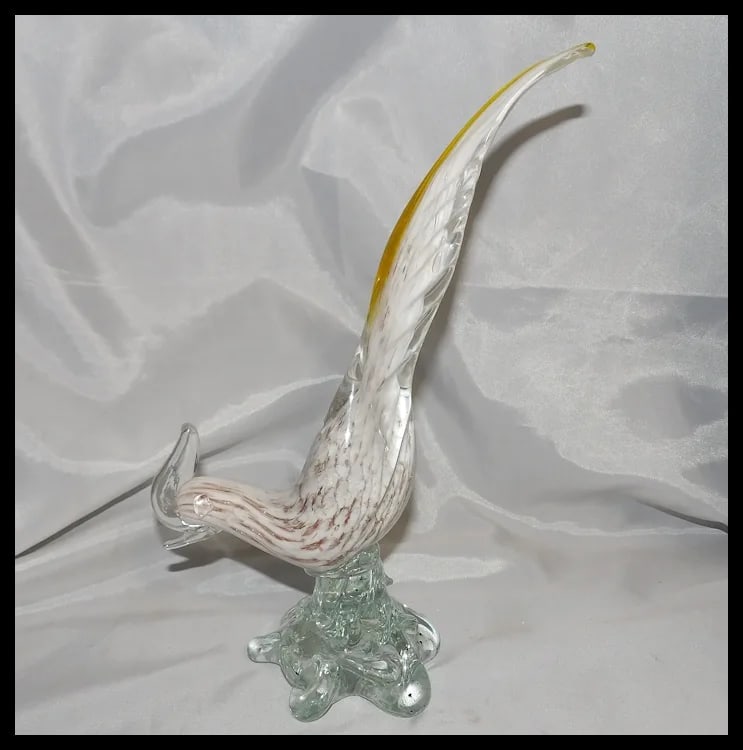 Murano Pheasant White with Gold Aventurine and Yellow on Tail - 2